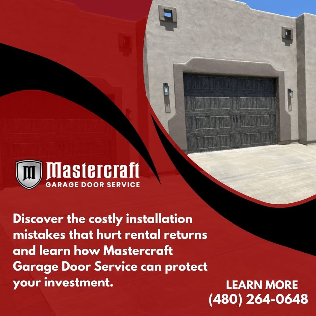Modern home with a dark wood garage door promoting Mastercraft Garage Door Service and highlighting costly installation mistakes that affect rental property returns.