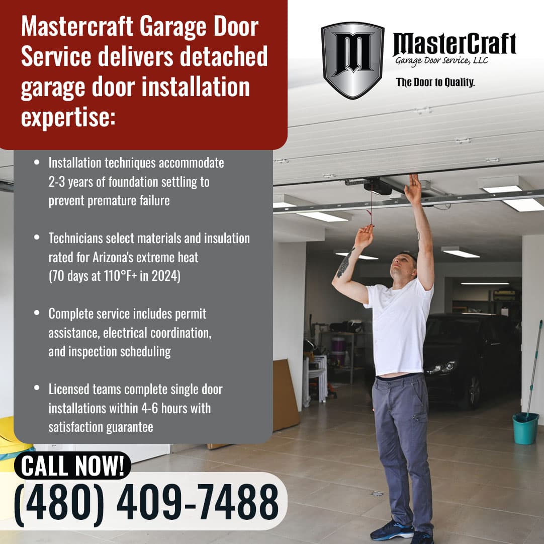 A technician installing a garage door, alongside text detailing Mastercraft Garage Door Service’s expertise in detached garage door installation, including accommodating foundation settling, using heat-rated materials, and providing complete service.