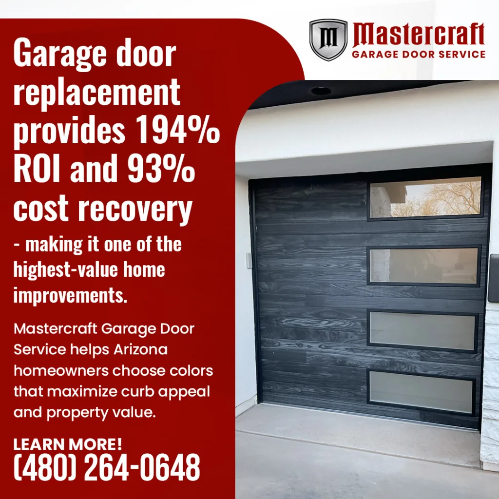 Garage door replacement offers 194% ROI. Mastercraft Garage Door Service helps Arizona homeowners choose colors for maximum curb appeal.