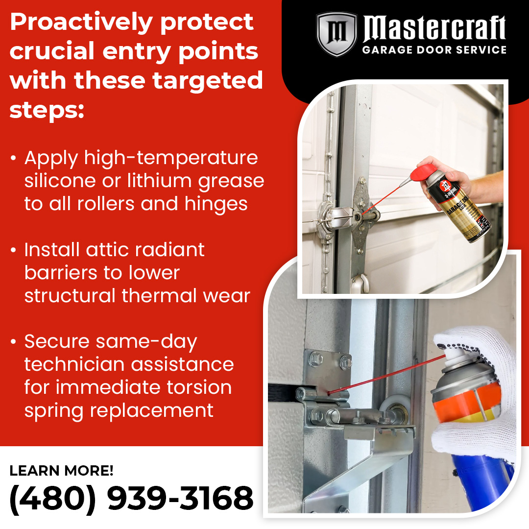 A close up of a person spraying lubricant onto garage door hinges next to a Mastercraft graphic outlining home maintenance steps.