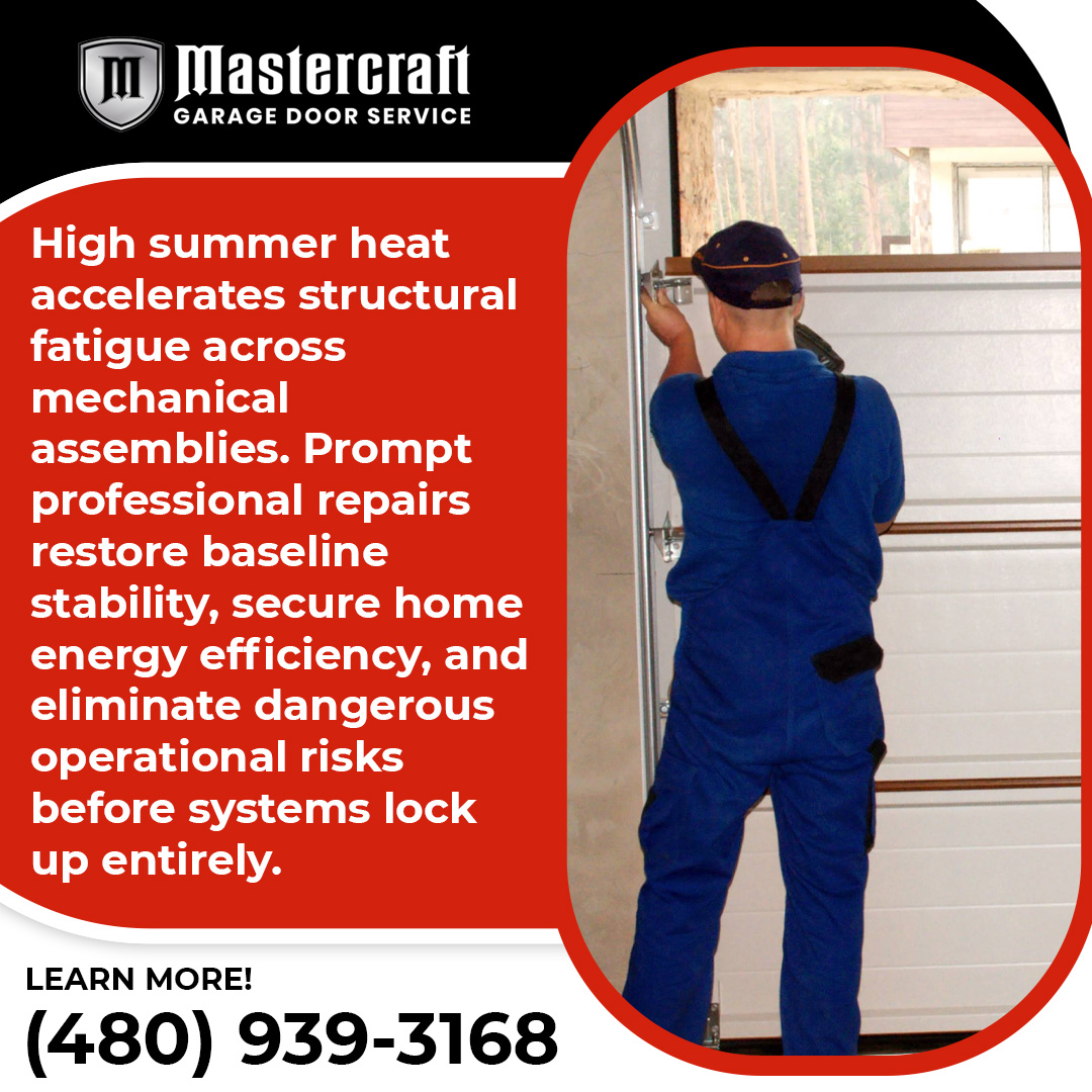 A garage door technician in blue overalls repairing a white sectional garage door next to a Mastercraft promotional graphic about summer heat damage.