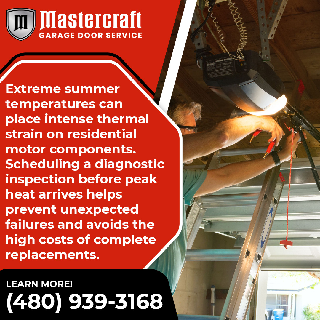 A technician on a ladder servicing an overhead garage door motor next to a Mastercraft promotional graphic about summer heat maintenance.