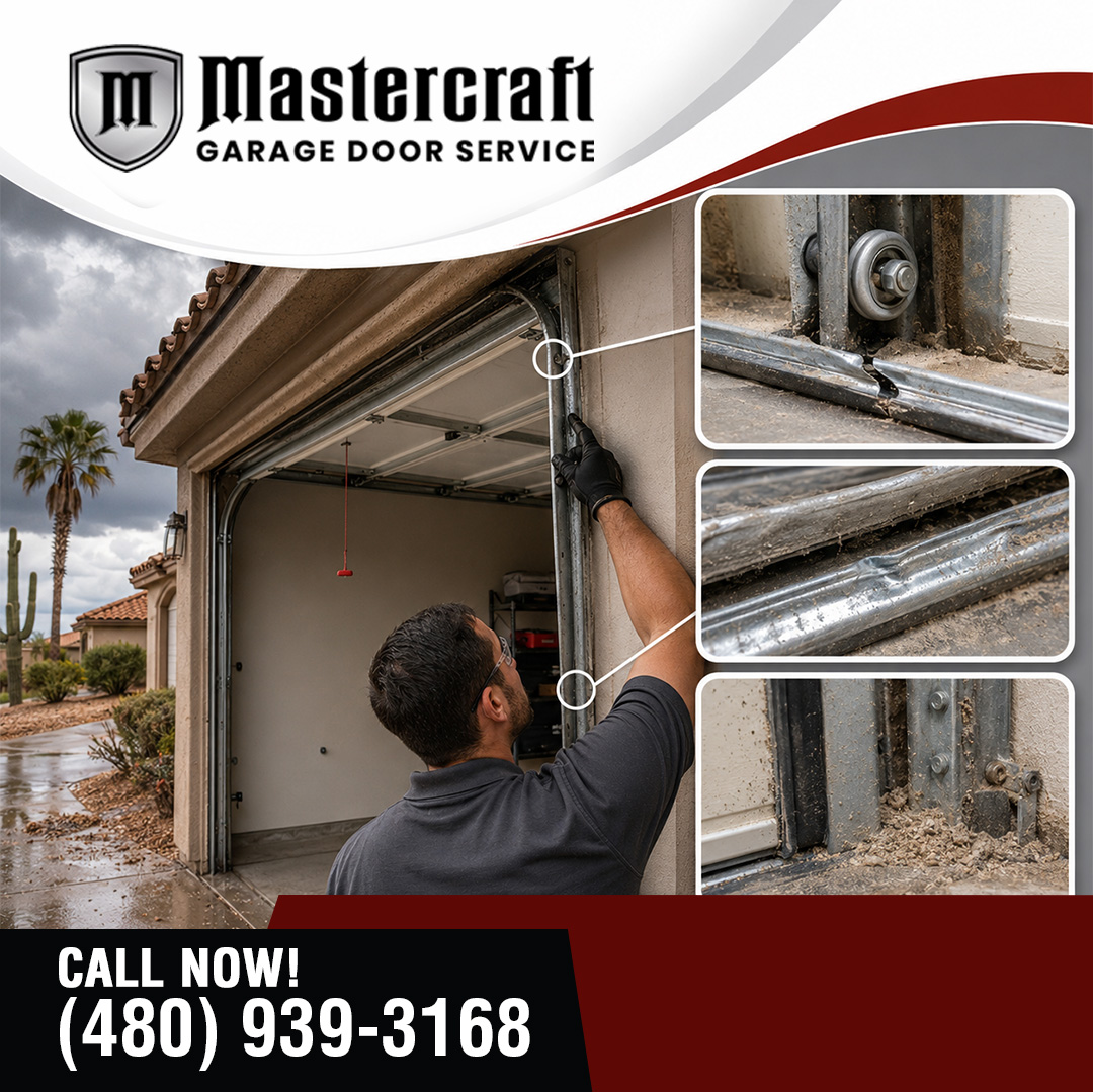Technician inspecting a garage door frame and track, with three detailed insets highlighting a bent vertical track near a roller, track indentation damage, and heavy debris buildup along the bottom track mount.