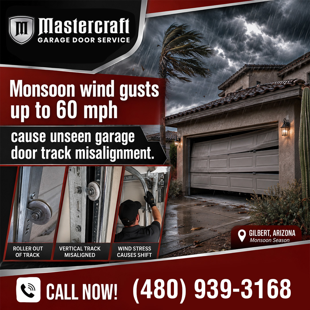 Residential home during a heavy monsoon rainstorm with a misaligned garage door, paired with three insets showing a roller out of track, vertical track misalignment, and a technician inspecting wind stress shifts.
