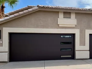 Modern Garage Door Brown Slim Windows Down the Side