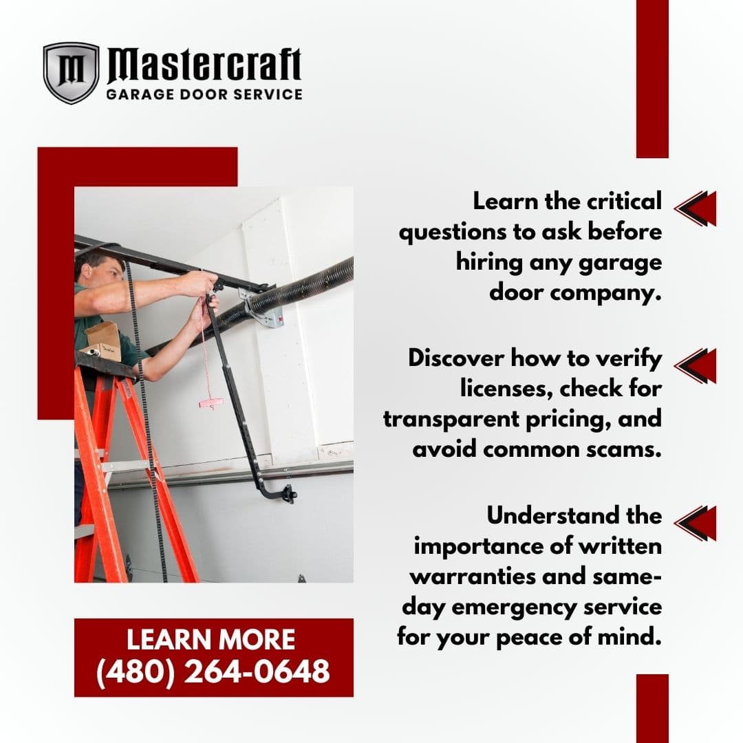 Garage door technician repairing a garage door opener while standing on a ladder during service
