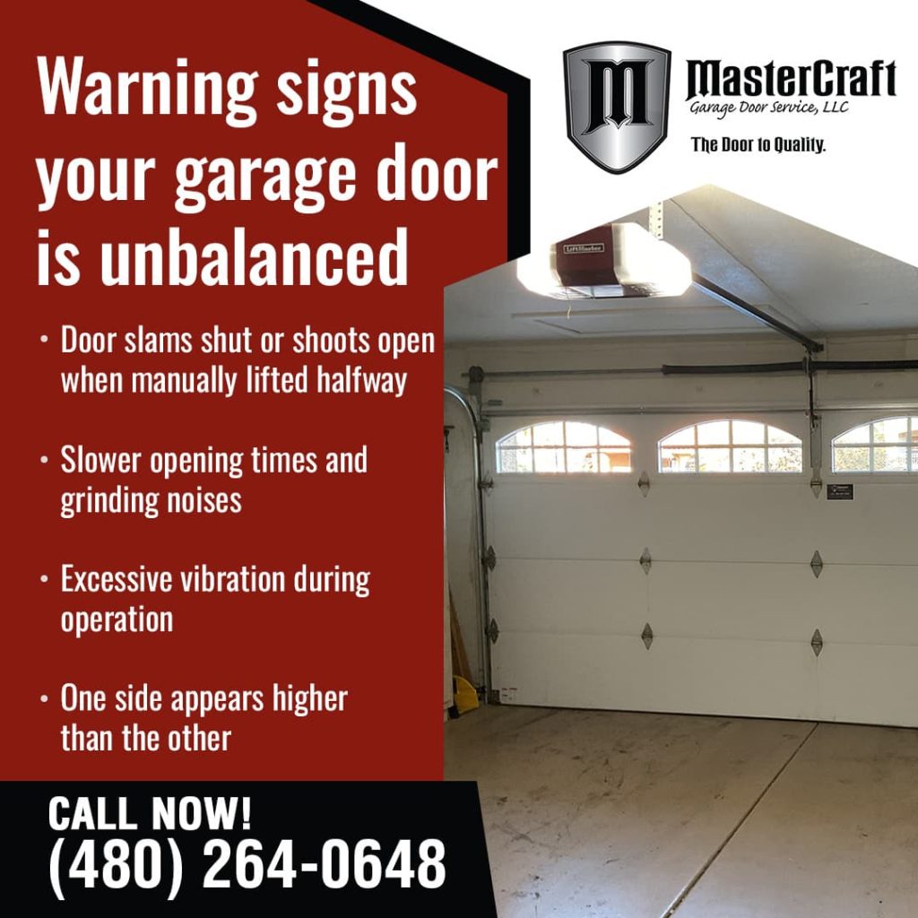 Mastercraft Garage Door Service ad listing warning signs of an unbalanced door: slamming, slow operation, vibration, uneven height. 